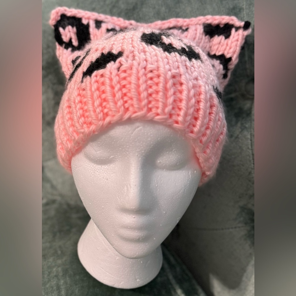Handmade Hand Crafted Knit Leopard Print Cat Hat Pink and Black - Picture 11 of 11
